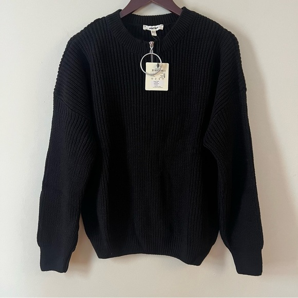 Koton Black Knit 1/4 Zip Neck Sweater Large Hoop Circle Pull NEW - Picture 1 of 16